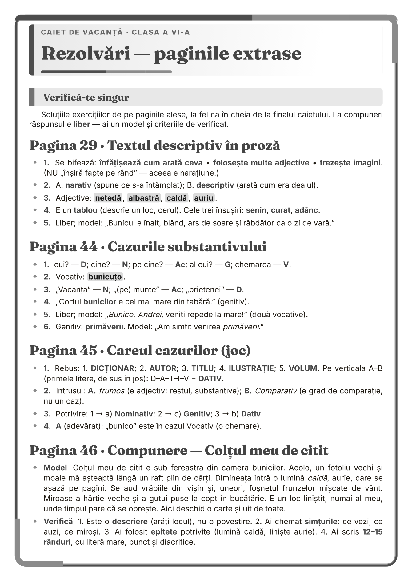 Caiet de vacanță – Limba și literatura română, clasa a 6-a