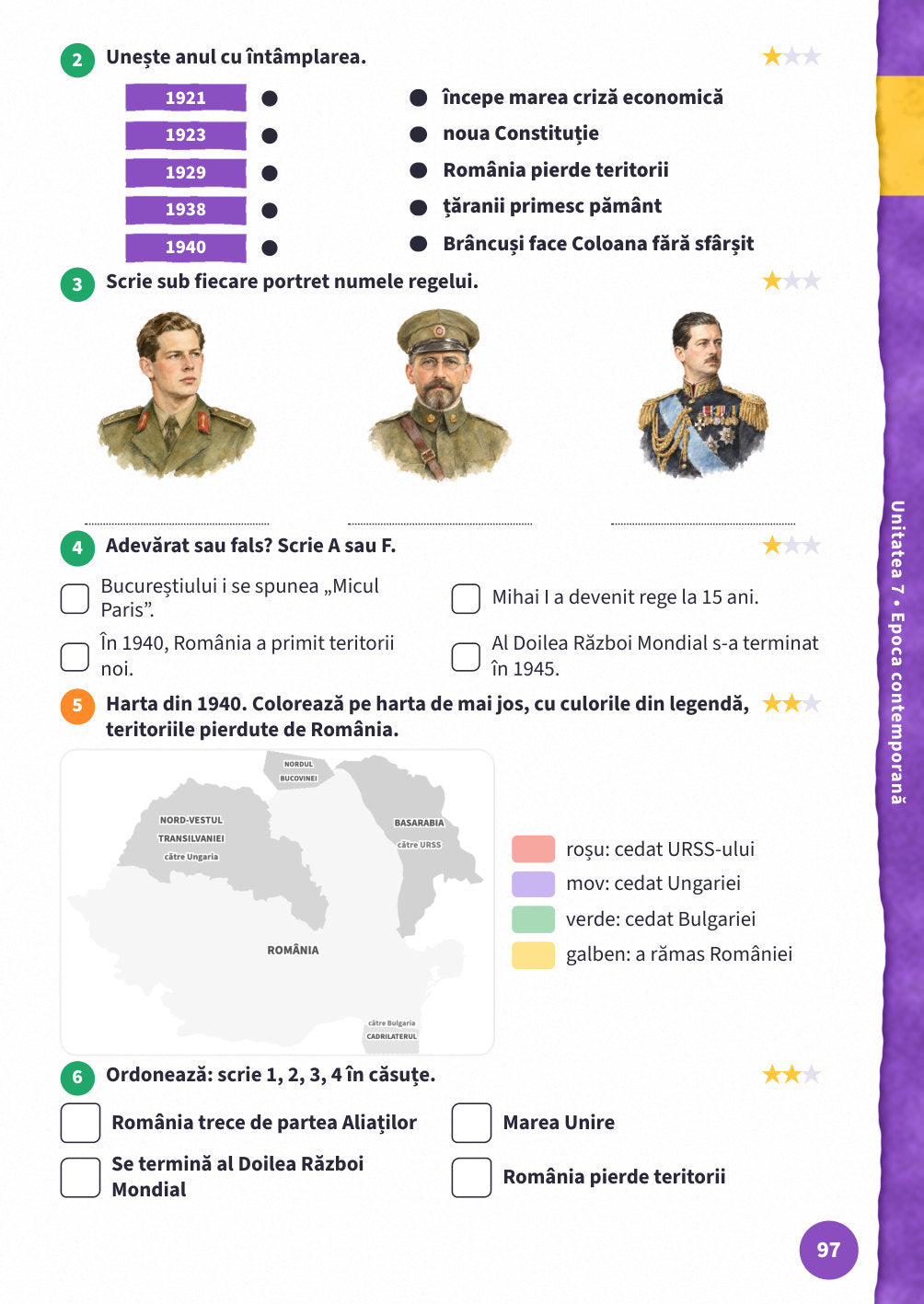 Pagina 97 — exerciții variate și harta din 1940